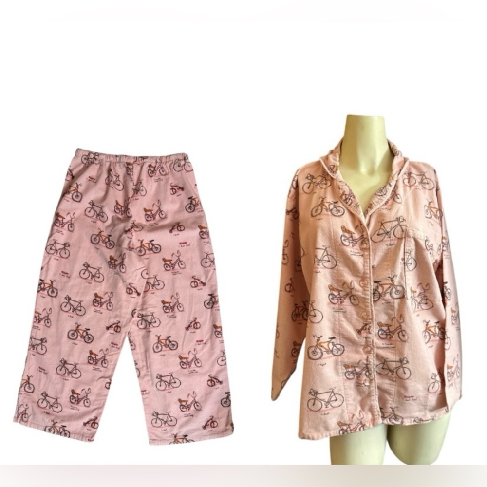 Munki Munki Pink Bicycle Print Flannel Pajamas set women size M